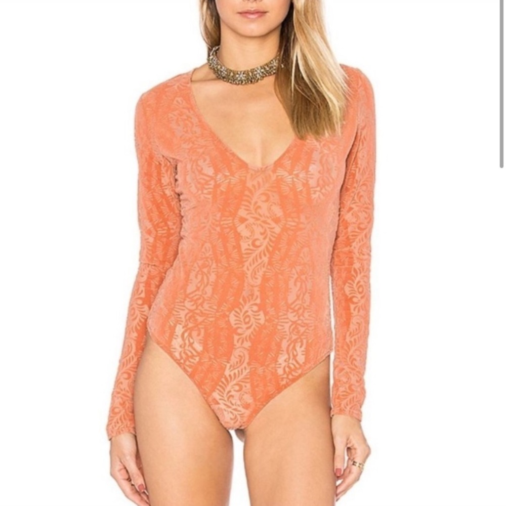 Free People Coral Lace Long Sleeve Bodysuit